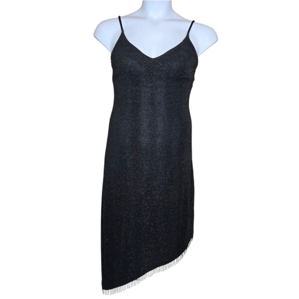 VINTAGE 90s black metallic sparkle bodycon asymmetrical beaded fringe dress S/M